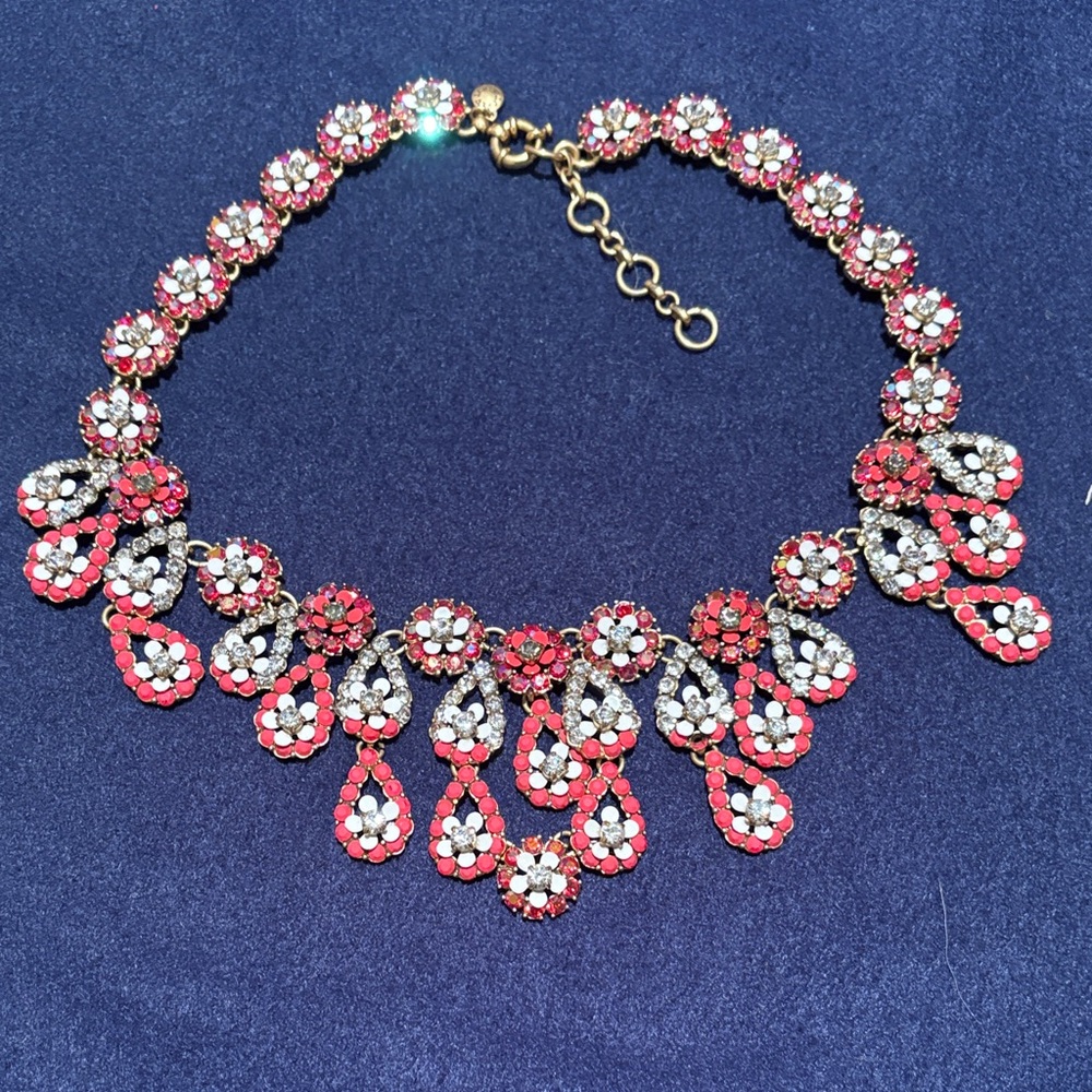 J Crew Elegant Pink and red Rhinestone Teardrop Statement Necklace